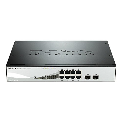 D-Link DGS-1210-08P 8-Port Gigabit PoE Smart Managed Switch with 2 SFP ports (8 x PoE ports) 8 x 1000Base-T, 802.3af/802.3at PoE, 65 W Power Budget, Fanless , Black