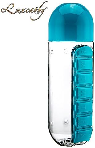 Luxcathy 600ML Portable Water Bottle with Built-in Daily Pill Box Organizer Supplement Vitamin Medicine Storage for Gym, School, Office , Travel (Blue)