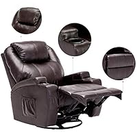 windaze Massage Recliner Chair, 360 Degree Swivel Heated Recliner Bonded Leather Sofa Chair with 8 Vibration Motors, Brown