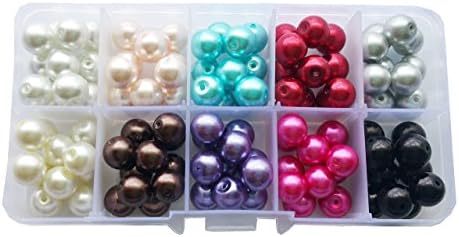 100+pcs 10mm Luster Glass Pearl Round Beads with Case / Jewelry Making Beads (White/Pink/Blue/Black)