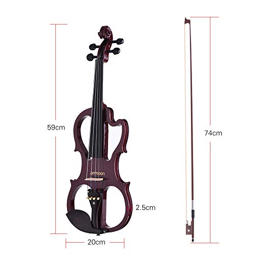 VE-201 Full Size 4/4 Solid Wood Silent Electric Violin Fiddle Maple Body Ebony Fingerboard Pegs Chin Rest Tailpiece with Bow Hard Case Tuner Headphones Rosin Audio Cable Extra Strings Burgundy
