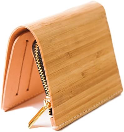 CHANG CHE CHIA Bamboo Leather Card Holder Wallet, Handmade Craft, Small Compact Bi-fold Pocket Wallet for Men and Women (Beige)