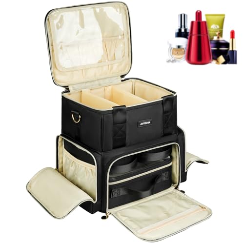 Jaffzora Extra Large Makeup Bag with 3 Removable Cases, Double Layers Travel Cosmetic Storage Organizer Bag with Detachable Dividers, Black
