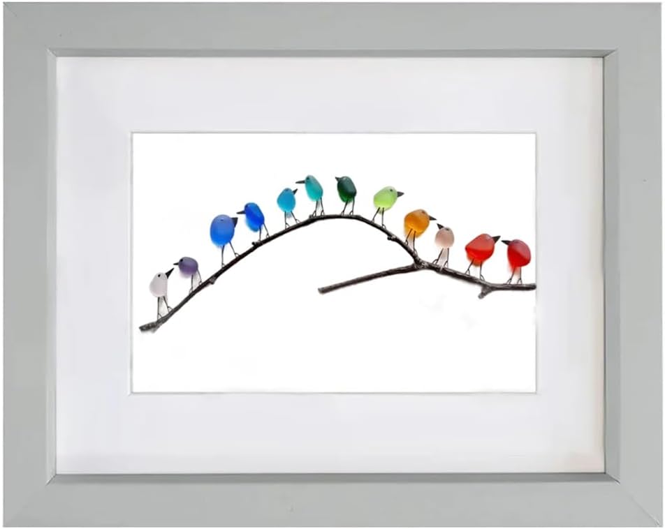 Plaques & Wall Art - Sea Glass Rainbow Birds,Rainbow Bird Wall Decor,Mini Sea Glass Desk Art,Natural Sea Glass & Driftwood Picture,Framed Unique Handmade Wall Art,Suitable for Home,Garden,Patio and Yard Decor (C, Grey)