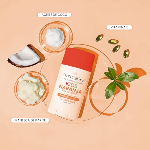 Naturaldry - 2 desodorantes infantiles Kids SIN BICARBONATO DE SODIO unisex Natural ideales para pieles sensibles - No obstruye los poros - SIN ALUMINIO - Sin parabenos - Aroma Naranja para niños y niñas - En Barra
