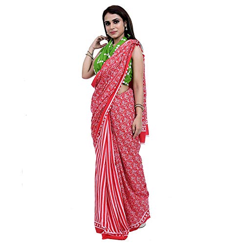 Woman Hand Block Printed Cotton Mulmul Saree with unstitched Blouse (Jaipuri Print)