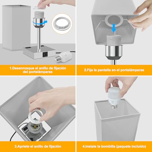 Sunsign Lámparas de Mesa táctil para 2 piezas, 3 Niveles de Brillo, lampara de noche con 2 Puertos USB (A+C) y 2 Salidas de CA, Lámpara de Lectura para habitación (bombilla incluida, Gris)