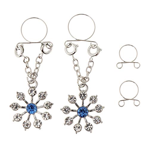 Fityle 2Pcs Non Pierced Nipple Ring Crystal Flower Pendant Rings Women Body Jewelry - Blue