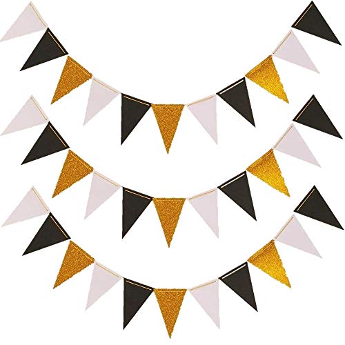 Triangle Flag Bunting Banner, MerryNine 3 Pack 30 Feet Vintage Style Pennant Banner for Wedding, Baby Shower, Event & Party Supplies 45pcs Flags (Triangle Flag - Black White Gold Glitter)