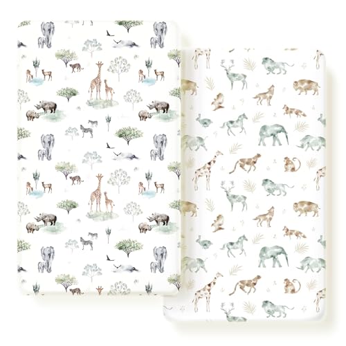 Stretch Ultra Soft Jersey Knit Fitted Crib Sheets Set 2 Pack，Fit All Standard Crib Mattress Pads Safe and Snug, Crib Fitted Sheet for Baby, Stylish African Savannah Animals Pattern