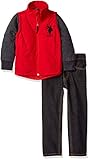 U.S. Polo Assn. Boys' Little Boys' Puffer Vest with Fleece Sleeves and Denim, Engine Red/Black, 5