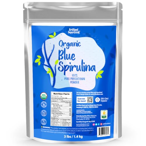 Ellie's Best Organic Blue Spirulina Powder Superfood Supplement - Odorless - 3LB Bulk - Vegan, Non GMO, Gluten-Free, Dairy-Free, Brilliant Blue Food Coloring - Pure Water Extracted
