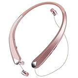 Wireless Headphones Neckband, Retractable Bluetooth Headset HD Stereo Earbuds Earphones with Mic, Vibrating Call Alert (Rose Gold)