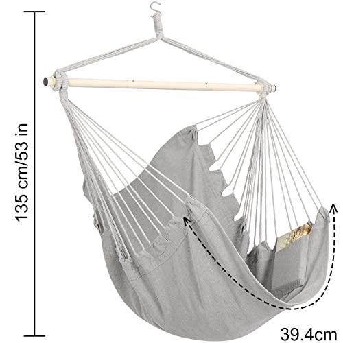 Y- STOP Hammock Chair Hanging Rope Swing, Max 500 Lbs, Hanging Chair with Pocket, Removable Steel Spreader Bar with Anti-Slip Rings, Quality Cotton Weave for Comfort, Durability, Light Grey