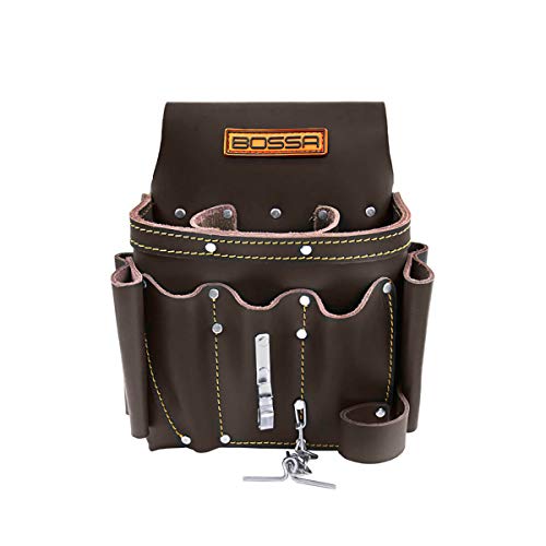 BOSSA 10-Pocket Top Grain Leather Electrician's Tool Pouch with Leather Hammer Loop