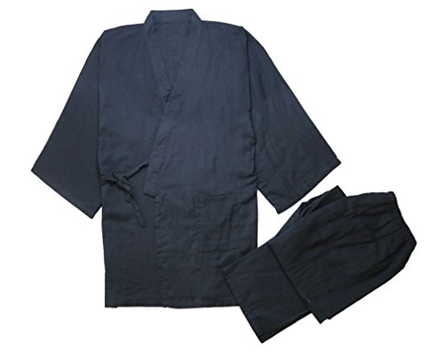Soojun Men's Kimono Jinbei Shirt and Pant Japanese Loungewear, 1 Solid Color Navy, Large