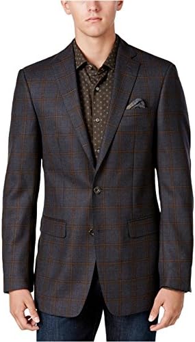 Tallia Mens Windowpane Two Button Blazer Jacket, Grey, 54 Regular