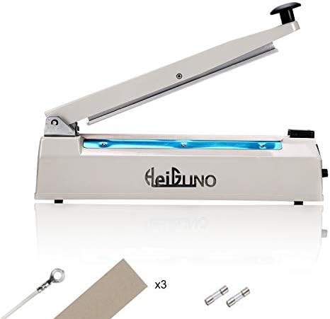 HeiGuno 8" / 200mm 110V Metal Shell Impulse Manual Hand Sealer Heat Sealing Machine Spare Teflon & Sealing Elements (White Aluminum 12")