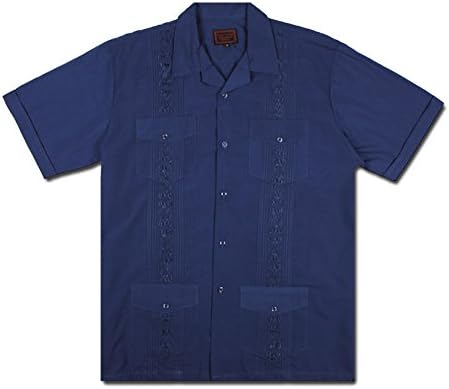 New Guayabera Men's Cuban Style Bartender Wedding Button up Casual Dress Shirt / Navy (XL)