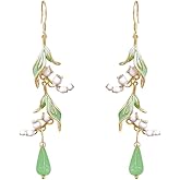 Lily of the Valley Long Dangle Drop Earrings for Women Gold Plated Elegant White Flower Green Leaf Enamel Teardrop Resin Dangling Statement Hook Spring Summer Holiday Hypoallergenic Fashion Jewelry