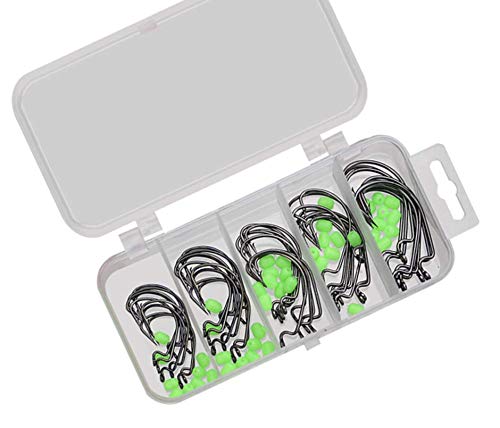 50Pcs Worm Hooks High Carbon Steel Fishing Hooks Jig Fishing Crank Hooks Set w/ 50pcs Luminous Glow Fishing Beads