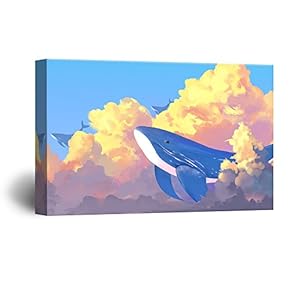 Hand Drawing Style Mystical Whales Swimming Among Colorful Clouds