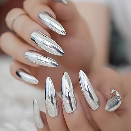 Metallic Mirror Extra Long Stilettos Sharp False Nail Metal Silver Fake Nails Acrylic Artificial Stiletto Nail Art Fuax Ongles L5030