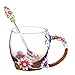 Glass Coffee Mug with Spoon Set 12 Ounce LeadFree Handmade Christmas Gifts for Mom, Wife, Sister, Women, Girlfriend, Birthday Gifts for Women Best Tea Cup Flower Enamel Design