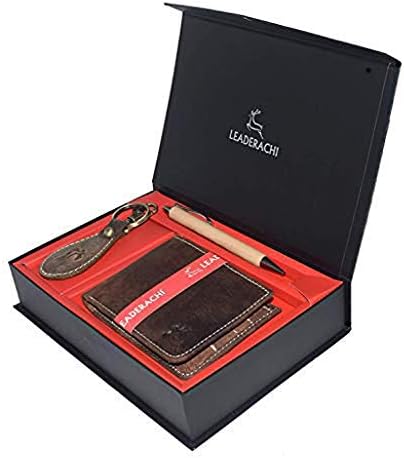 Genuine Vintage Hunter Leather RFID Blocking Bi fold Wallet with Designer Leather Key Ring & Wooden Pen Combo Gift Box for Mens.(WPK-11)