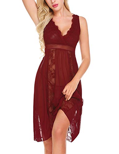 Avidlove Womens Sexy Long Red Lace Lingerie Nightdress Sheer Nightgown Chemise,Medium,Dark Red - Thumbnail 3