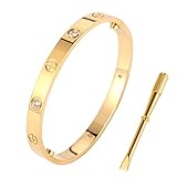 Yeemer Stainless Steel Love Screw Oval Bracelet Bangle Women Men with Screwdriver (19cm Yellow gold with diamonds)