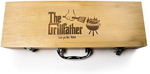 BBQ Set 5-Piece Bamboo by Lazer Design-Barbecue Tool Grill Set Accessories w Gift Box-Includes Multi Tool Serrated Edge Spatula, BBQ Fork, Tongs, Knife, Basting Brush, Matching Bamboo Case w Handle