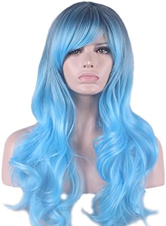Yesui Cosplay Wig for Women Synthenic Long Wavy Ombre Blue Wigs Curly Hair with Side Bangs Lotia Costumes Party