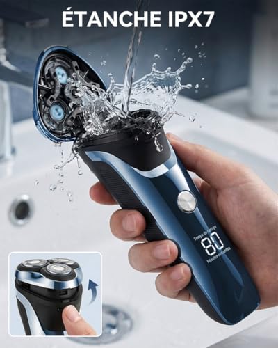 Rasoir Électrique Homme avec Écran LCD, 4D Tête Flottante, IPX7 Étanche pour Rasage Sec et Humide, Rasoir Barbe Homme Rechargeable USB avec Tondeuse Rétractable, Rasoir Sans Fil (Bleu Dégradé)