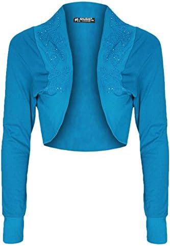 Oops Outlet Women's Diamantes Studded Cotton Bolero Cardigan Shrug Cropped Top Plus Size (US 20/22) Turquoise