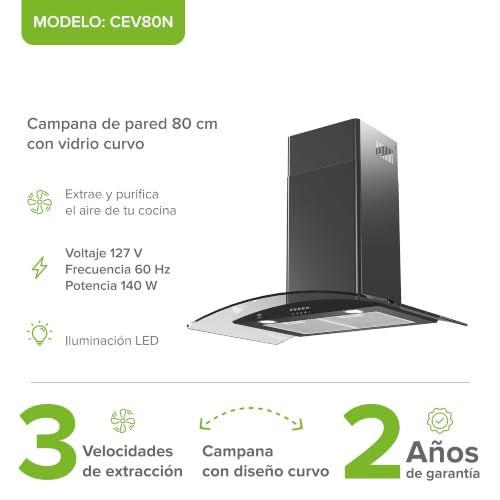 AVERA Campana de cocina 80 cm de pared negra, 3 velocidades, Luz LED, Filtro de carbón activado, Filtro de malla metálica lavable, Acero inoxidable y vidrio templado, Diseño curvo | CEV80N