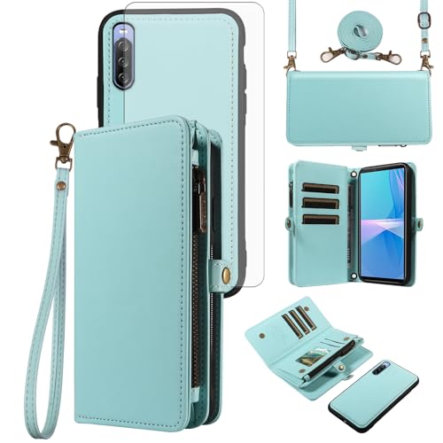 Asuwish Phone Case for Sony Xperia 10 III 3 / Xperia10III 5G Zipper Wallet Detachable Cover with Screen Protector Crossbody Lanyard Strap Flip Card Holder Slot Experia 10III 5G XQ-BT52 Green