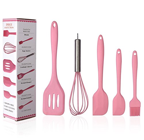 Hillento Silicone Kitchen Utensil Set Kitchenware 5PCS Silicone Kitchen Utensils Set Spatulas Brush Cooking Tools, Easy to Use & Clean, Pink