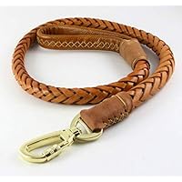 OCSOSO Durable 3.6ft Long Brown Genuine Leather Braided Pet Dogs Leash Training Lead for Large Dogs with Soft Handle 1Inch Wide