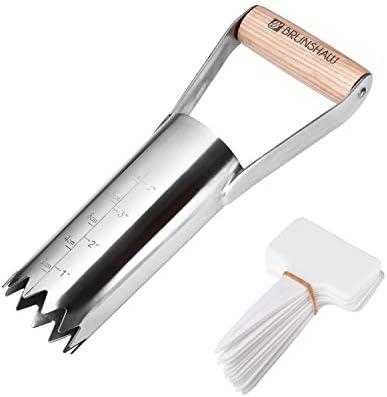 Brunshaw Garden Bulb Planter Flower Planting Hand Tool Accessory with Depth Scale Deep Serrations Hardened Stainless Steel and Ergonomic Wooden Handle Includes 20 Plant Labels