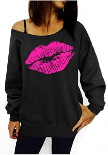 Women's Sexy Pullover Lips Print Casual Off The Shoulder Slouchy Shirt (XLarge, Black)