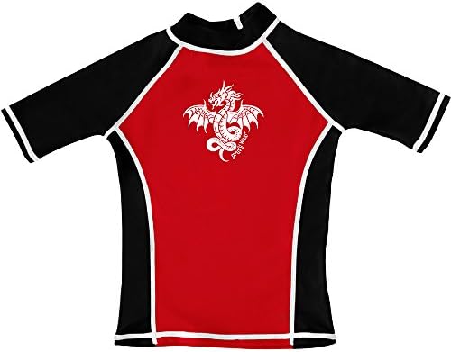 grUVywear Boys UPF 50+ Short Sleeve Dragon Rash Guard UV protection Swim Shirt (XS 3-4, Red Black)