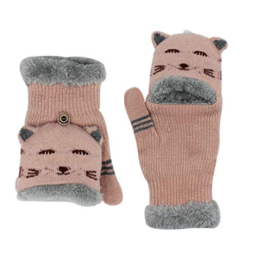 Orityle Winter Knitted Animal Cat Face Mittens Thicken Fleece Lined flap cover Gloves for Women Girl