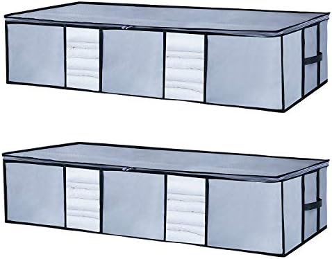 Seckon Underbed Storage Bags Container Organizers[Pack of 2] Large Foldable Zippered Under The Bed Storage Bags|Soft Breathable Anti-Mold Fabric Clothes Storage Bags with Clear Windows Grey Color