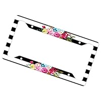 License Plate Frame Boho Floral with Black and White Striped Background
