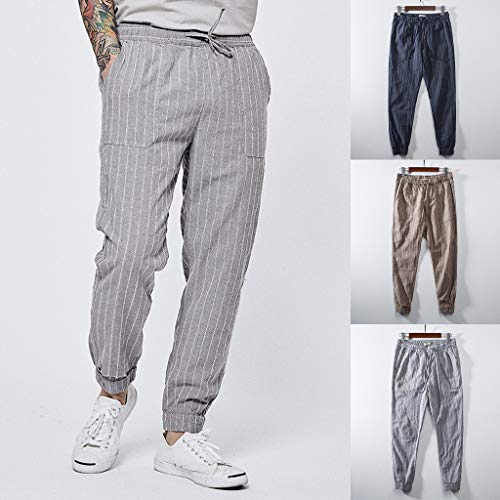 VEZAD Men Loose Linen Striped Pants Summer Casual Harem Jogger Fitness Trousers