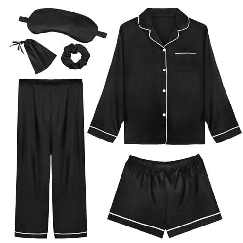 Women's 6-Piece Silk Satin Pajama Set – Long Sleeve PJs With Shorts, Pants, Eye Mask & Scrunchies - View #11