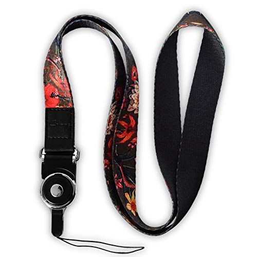 Cell Phone Lanyard Detachable, Universal Phone Neck Strap, Soft Phone Lanyard Neck Strap Case Holder, Crimmy Smartphone Strap (Black Flower)