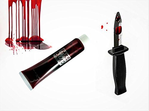 Small Tube of Fake Blood 15ml for Scary Halloween Fancy Dress Party Vampire Costume - Waterproof Halloween Makeup Kit, Zombie, Vampire Bite, for scars/wounds, Theatrical Makeup - Easy to apply and remove (One Tube of Fake Blood and 1 Fake Knife)