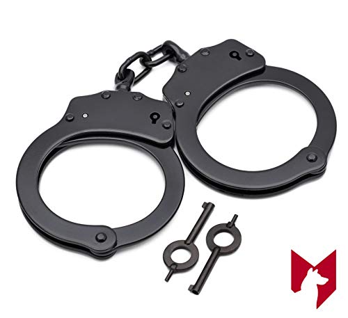 Foxfend Double Locked Chain Handcuffs - Police Edition Professional Grade Heavy Duty Steel W/Two Keys (Black)
